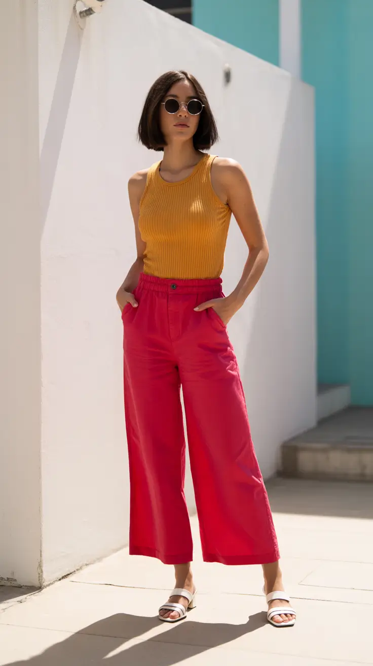 hot weather summer outfits 2026 Color Play and Airy Confidence in Wide-Leg Silhouettes