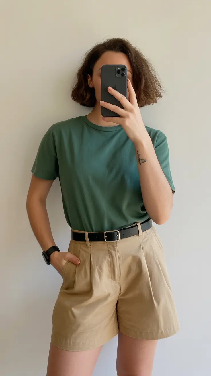 chic summer fashion outfits 2026 Minimal Green Tee and Tailored Shorts for Quiet Confidence