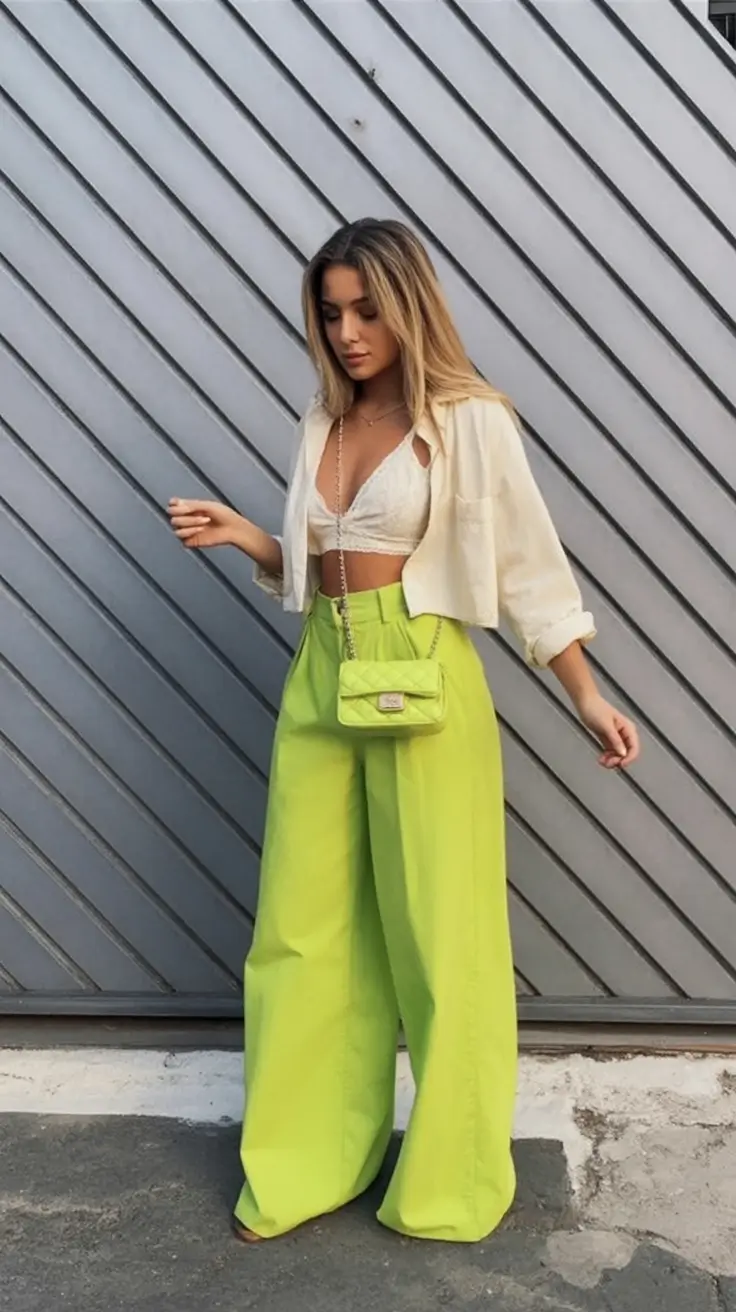 chic summer fashion outfits 2026 Bright Green Trousers and Soft Layers That Feel Unexpectedly Cool