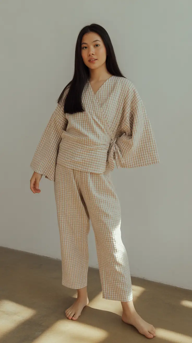chic summer fashion outfits 2026 Soft Check Wrap Set That Feels Like a Quiet Morning Ritual