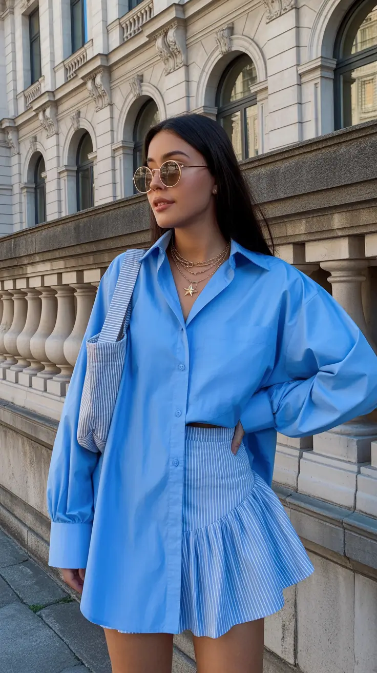 cute summer outfits for teens 2026 Oversized Blue Shirt and Pleated Mini Preppy Revival