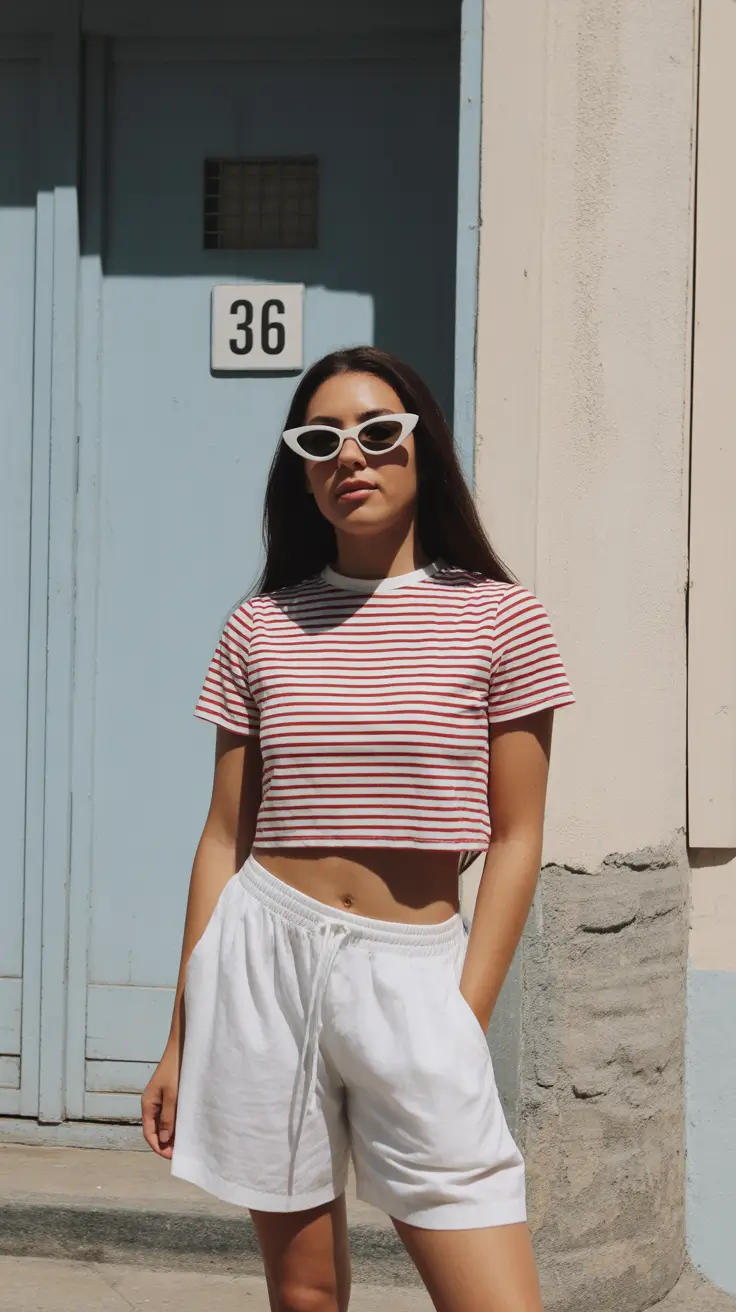 cute summer outfits for teens 2026 Striped Crop Tee and Easy White Shorts Minimalism