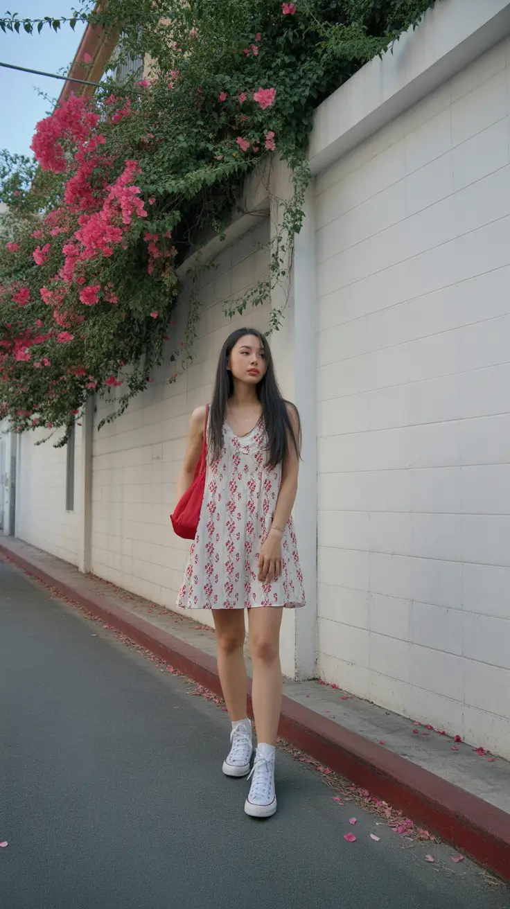 cute summer outfits for teens 2026 Floral Sundress and Canvas Sneakers Summer Walk Mood