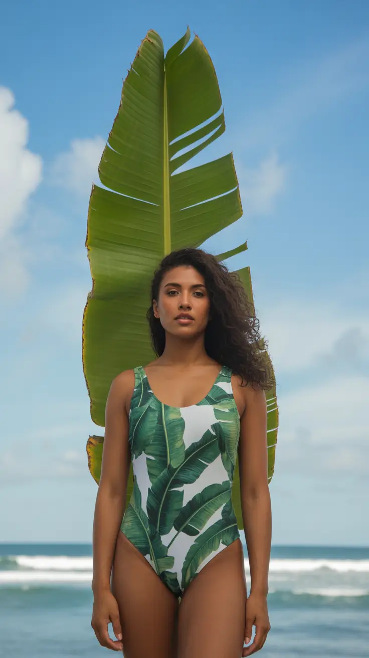 cute summer swimsuits outfits ideas 2026 tropical Fresh Tropical Leaf One Piece With Sculptural Beach Presence