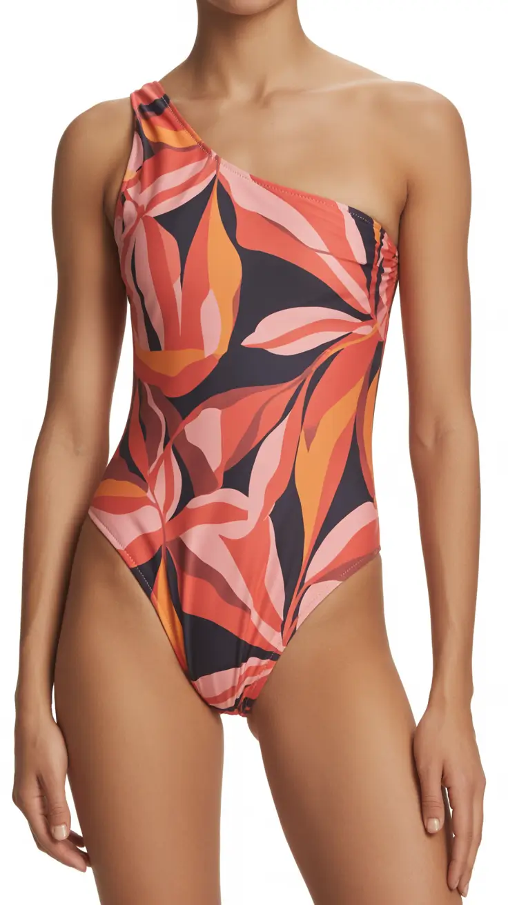 cute summer swimsuits outfits ideas 2026 tropical One Shoulder Tropical One Piece With Sunset Color Drama