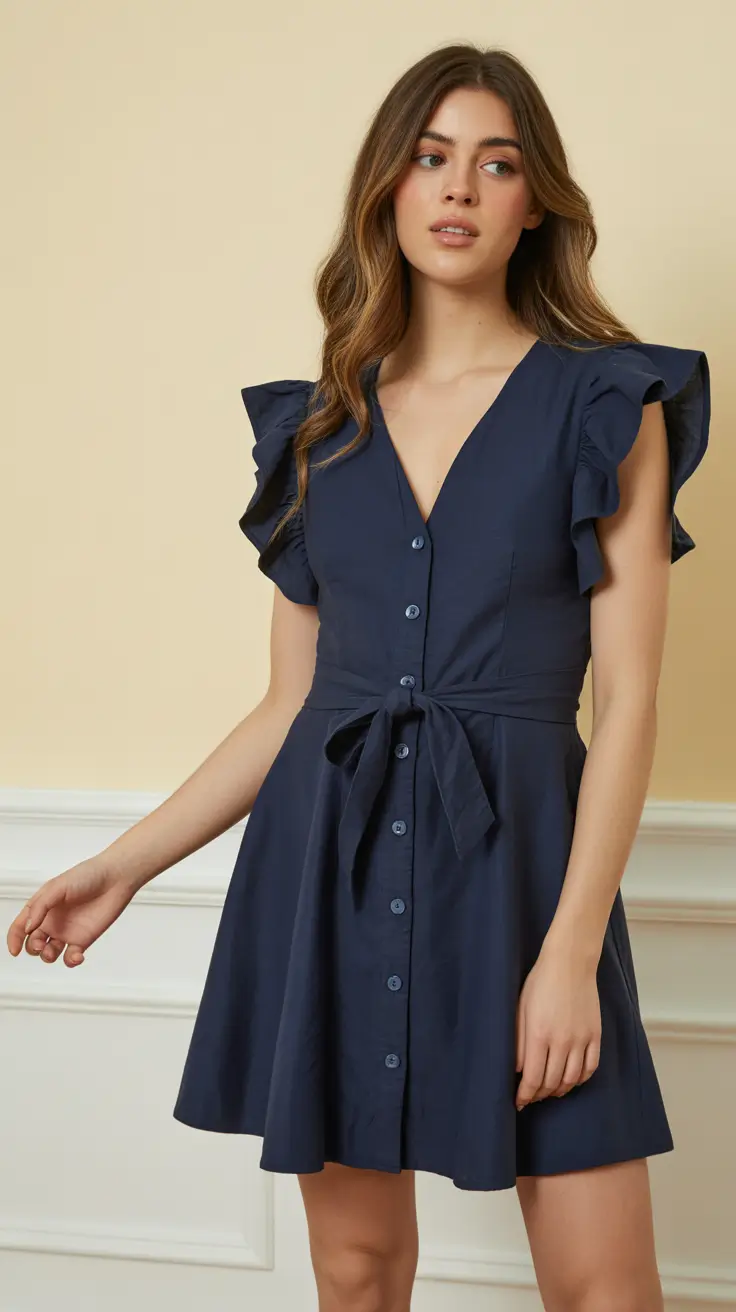 May outfits ideas 2026 Feminine Navy Mini Dress With Playful Ruffle Details