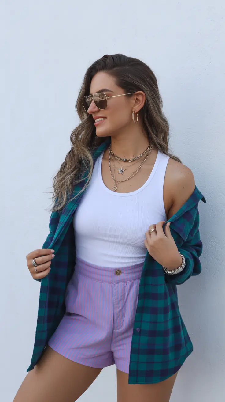 May outfits ideas 2026 Sporty Layered Tank With Plaid Shirt And Retro Shorts
