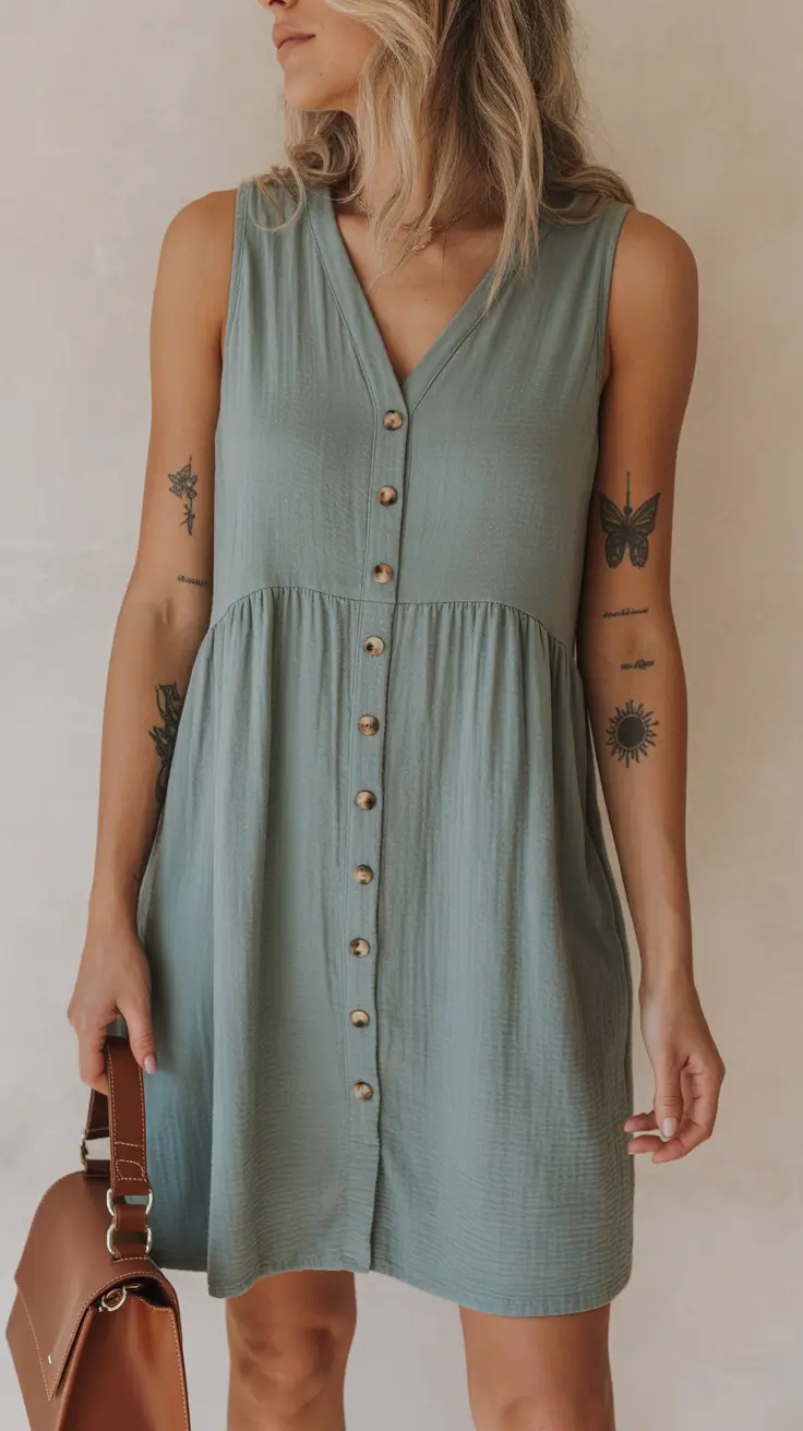May outfits ideas 2026 Soft Sage Button Dress For Quiet Spring Days