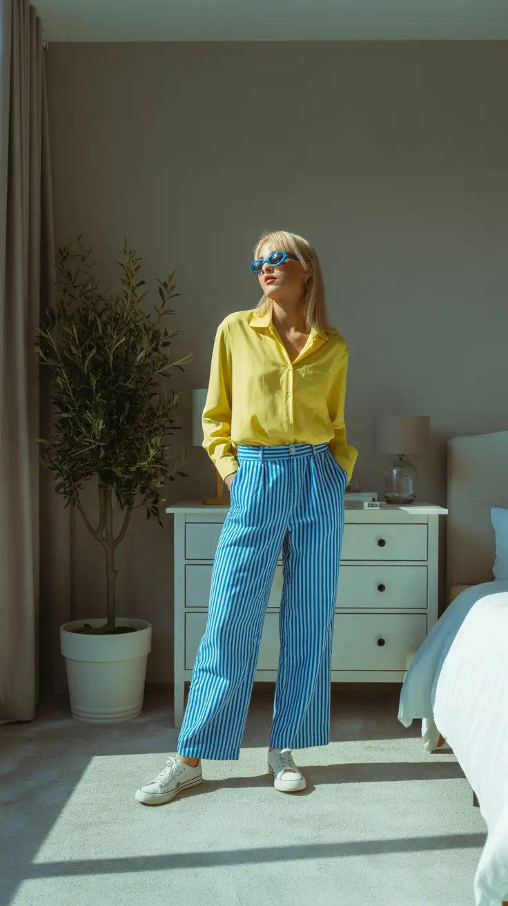 May outfits ideas 2026 Playful Color Blocking With Striped Trousers