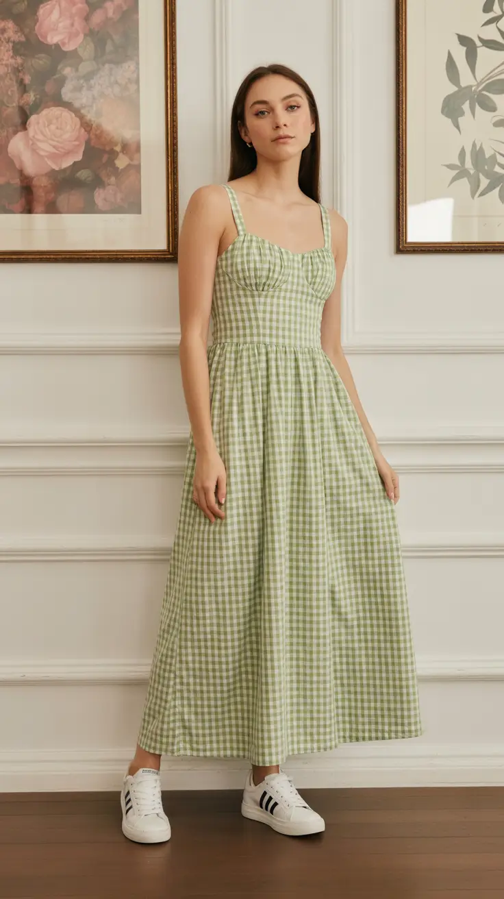 May outfits ideas 2026 Fresh Gingham Midi Dress With Sporty Spring Twist