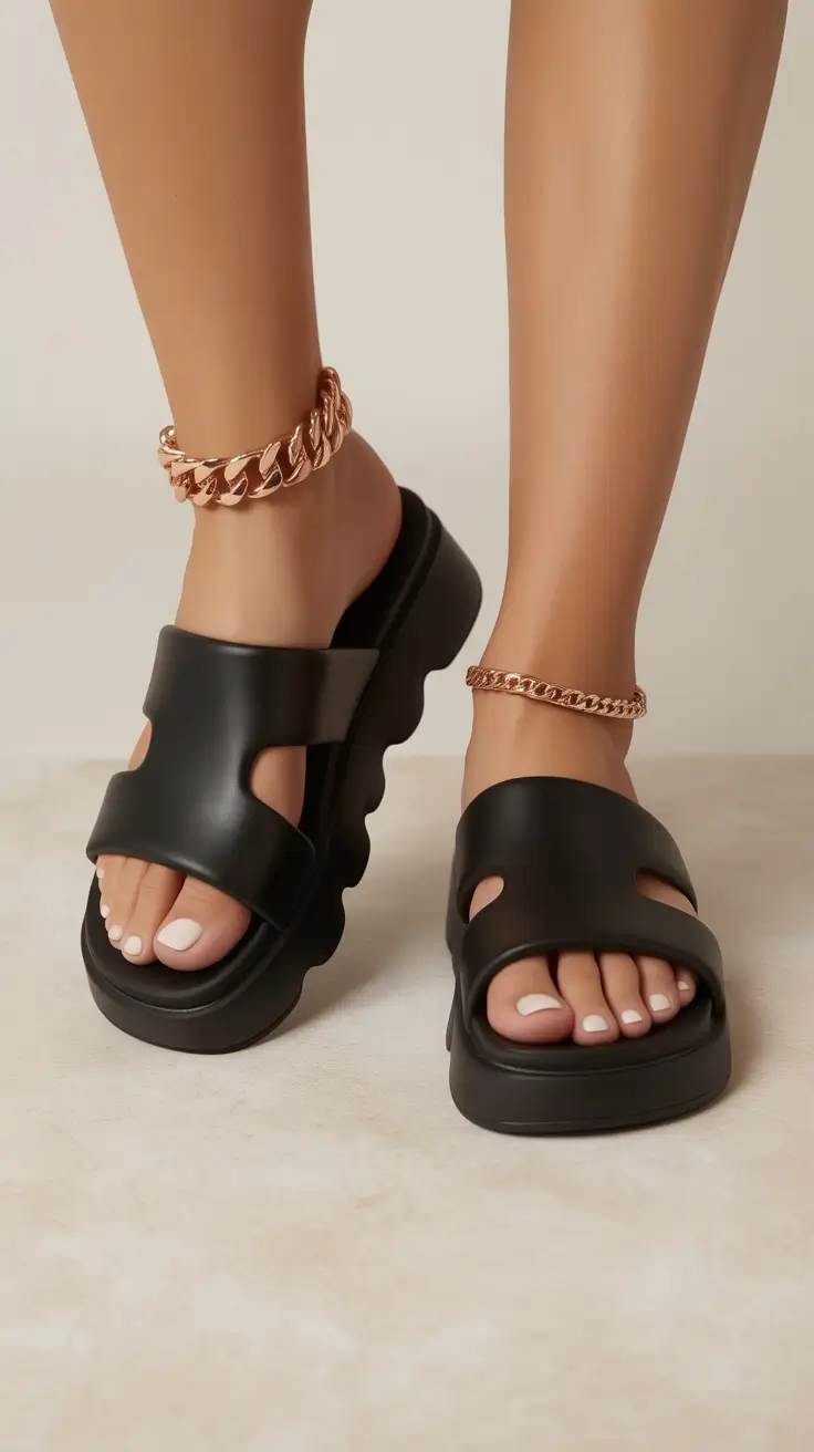 summer flip-flops for women 2026 Chunky Black Cut-Out Slides That Add Edge