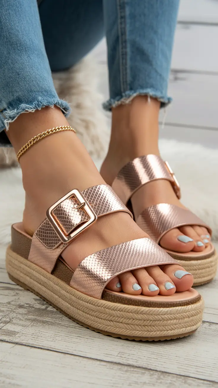 summer flip-flops for women 2026 Metallic Platform Slides That Catch Every Ray of Light