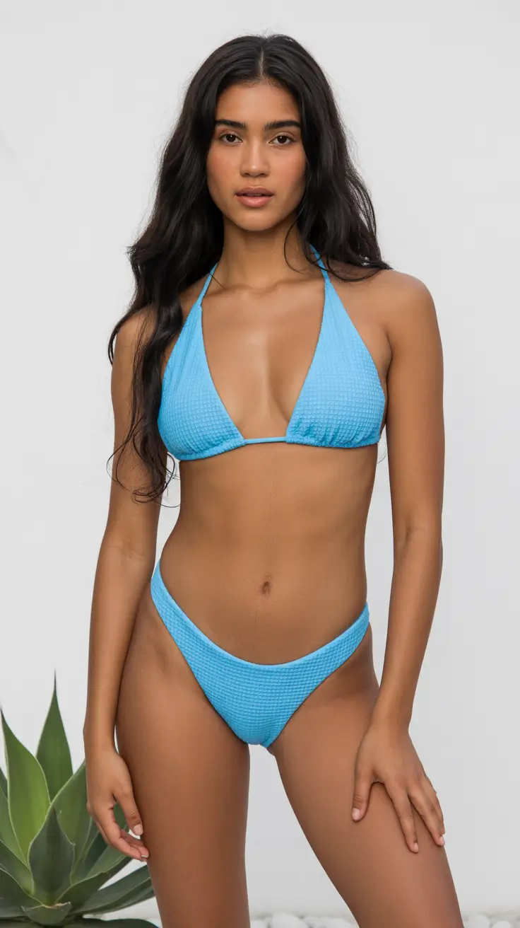 two piece swimsuit ideas summer 2026 tropical Sky Blue Textured Triangle Bikini With Fresh Tropical Energy