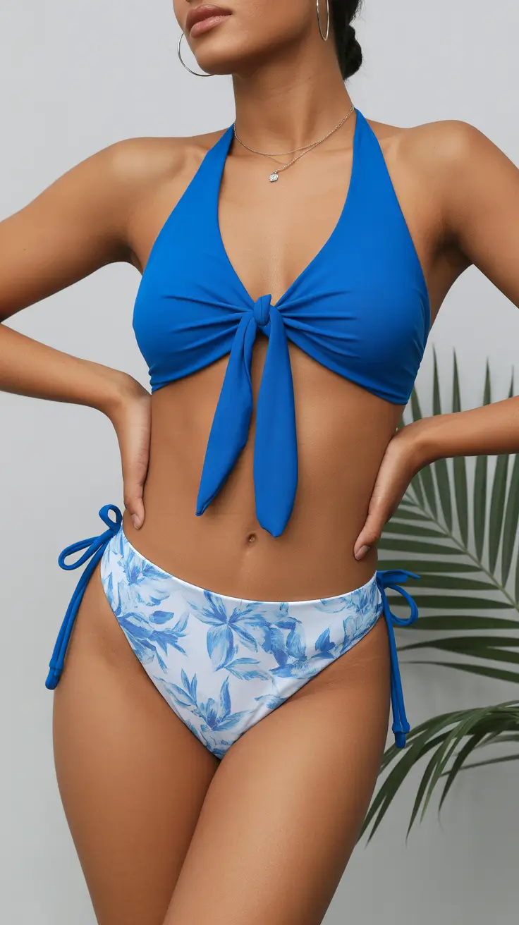 two piece swimsuit ideas summer 2026 tropical Blue Tropical Print Bikini With Fresh Coastal Style