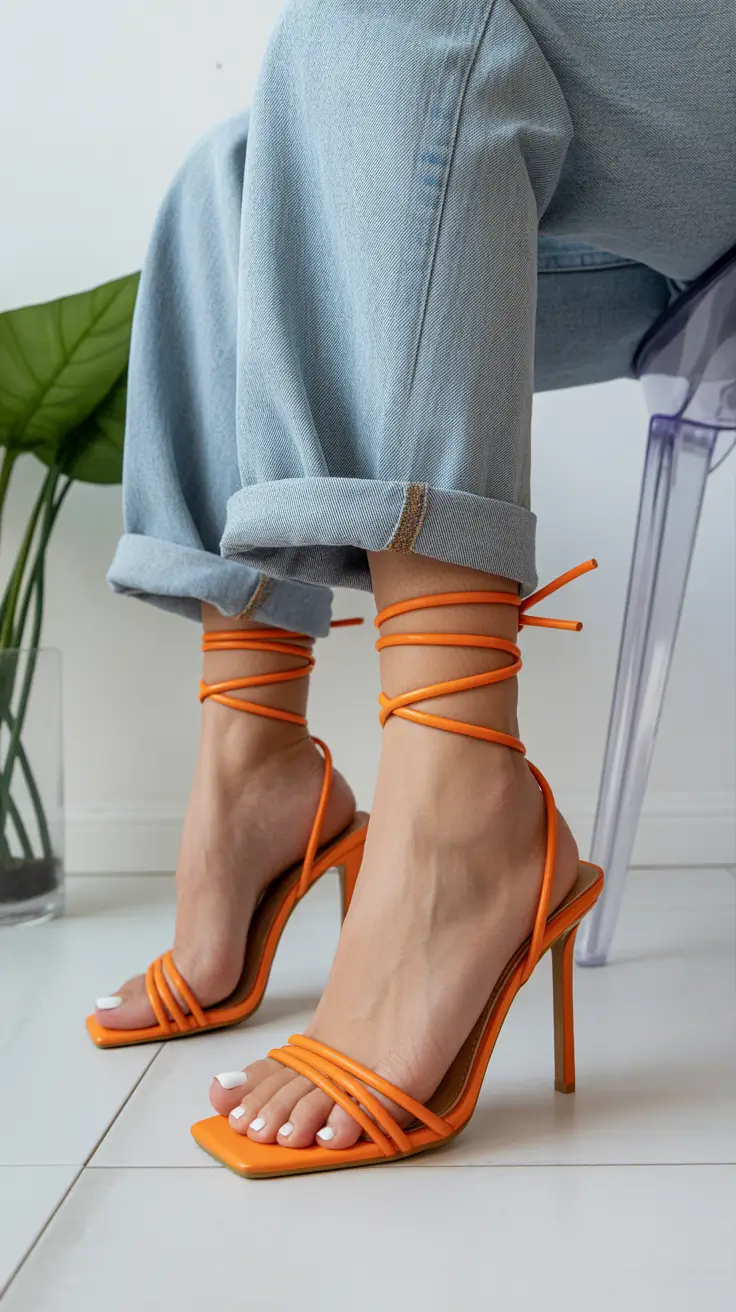 summer outfits with heels for women 2026 Orange Lace-Up Heels That Wrap the Look Together