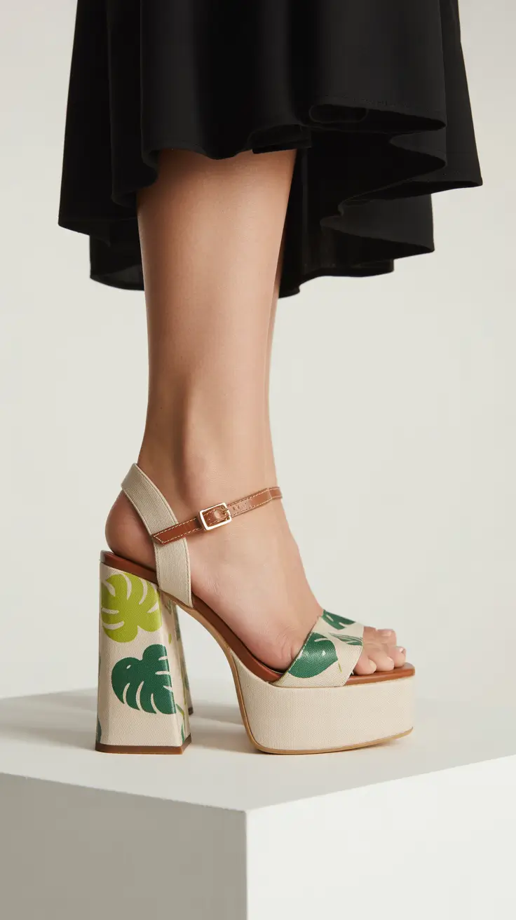 summer outfits with heels for women 2026 Tropical Platforms That Bring Vacation Energy Anywhere