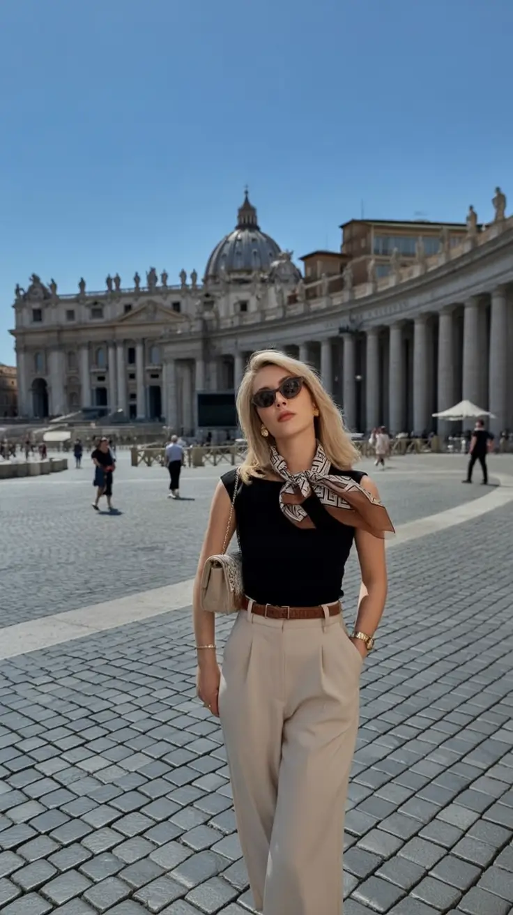 Chic Neutral Trousers And Silk Scarf - A Classic Spring Travel Outfit