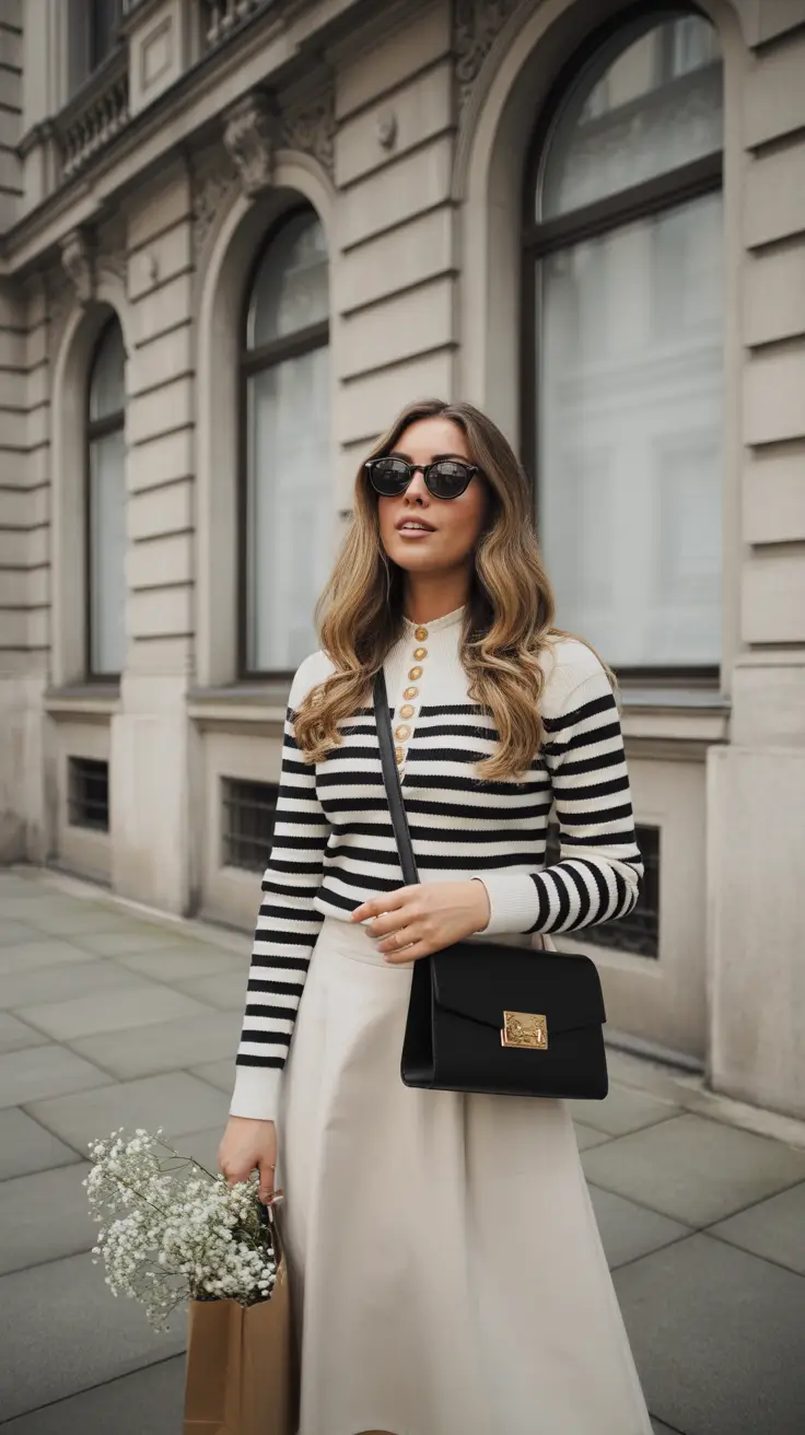 Chic Striped Sweater And Cream Skirt - Polished French-Inspired Spring Elegance