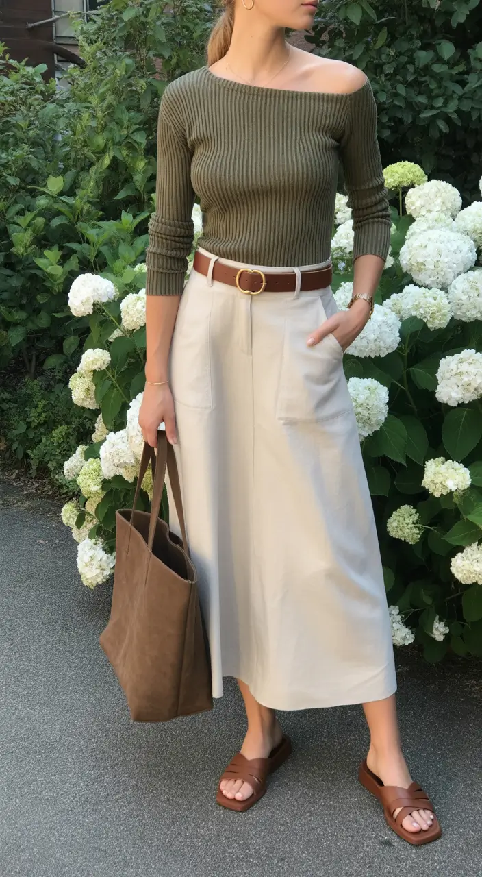 Chic Olive Rib Knit And Cream Skirt - A Modest Spring Silhouette With Warm Earthy Tones