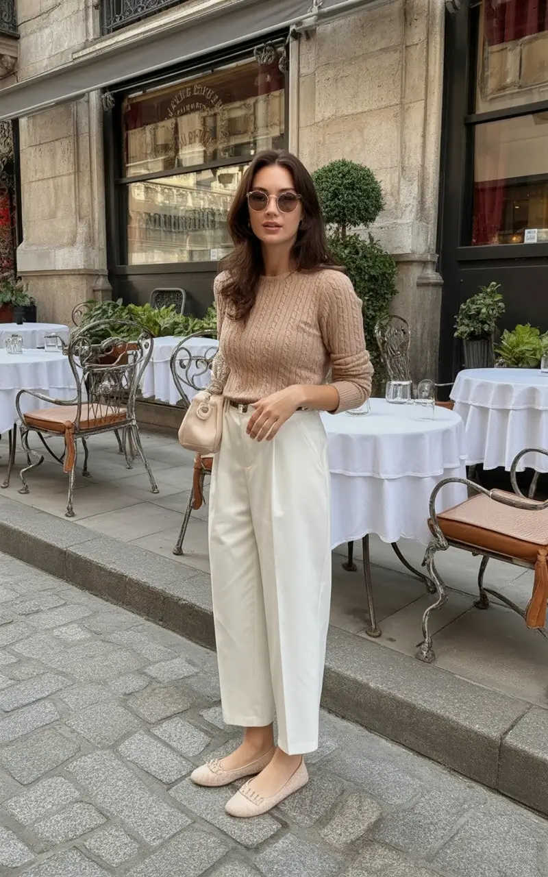 Chic Cable Knit Sweater And Cream Trousers - Classic Soft-Toned Spring Refinement