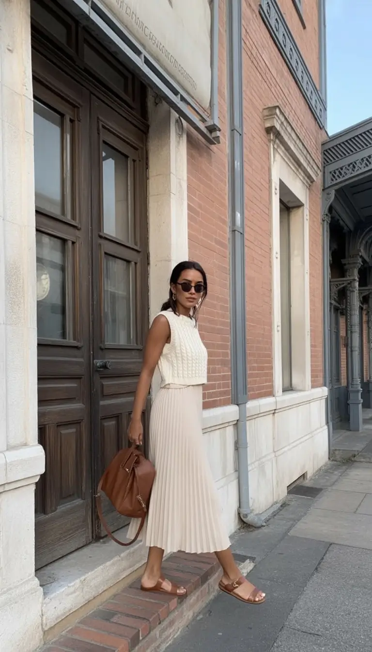 Chic Ivory Knit And Pleated Skirt - Dreamy Monochrome Spring Simplicity
