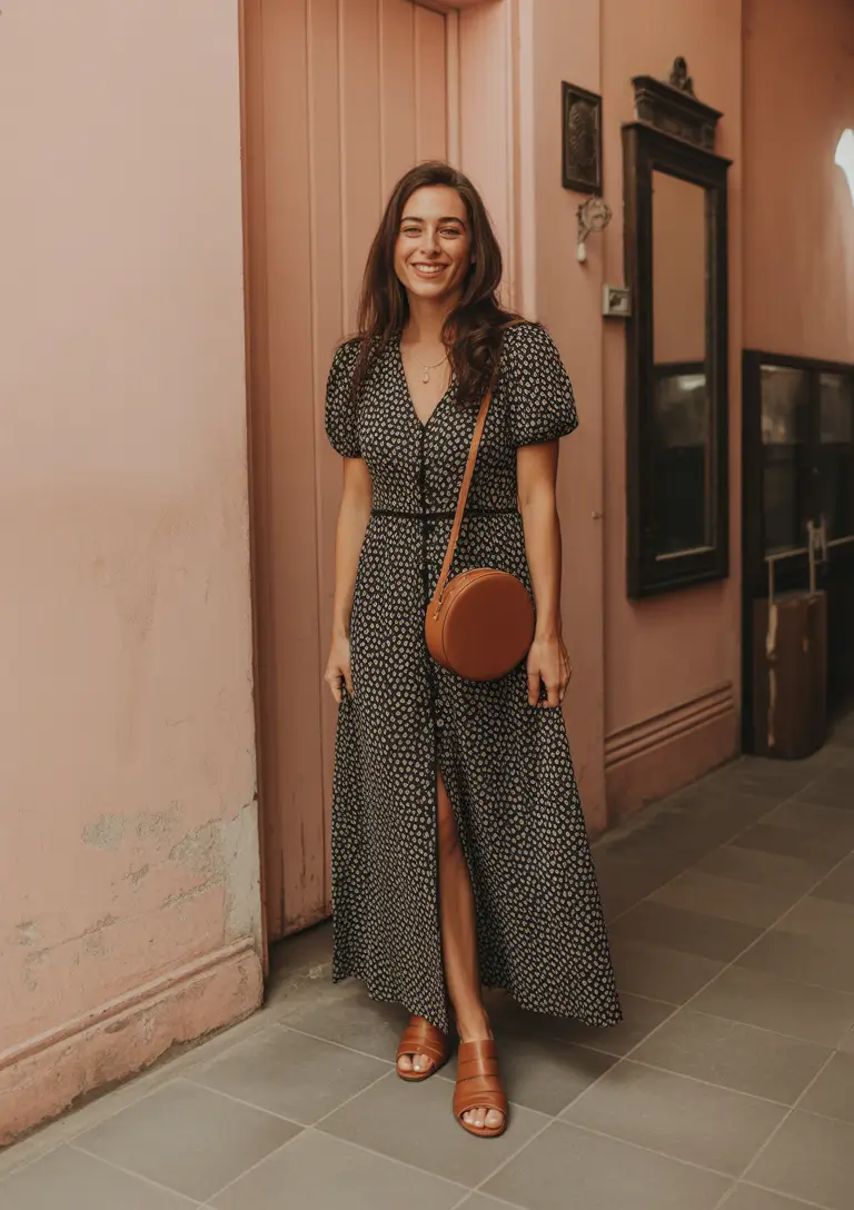 Chic Black Print Dress And Tan Accessories - A Classic Spring Dressy Look