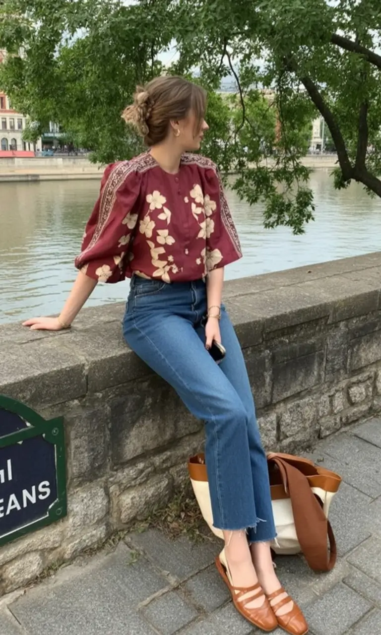 Chic Rich Burgundy Prints And Blue Denim - A Bold But Grounded Spring Combination