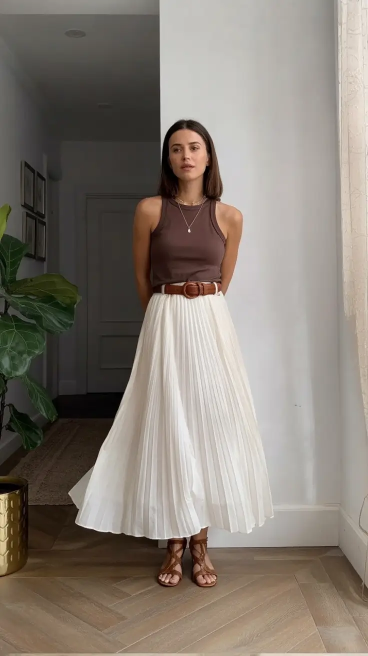 Chic Chocolate Tank And Pleated Cream Skirt - Minimalist Spring Elegance