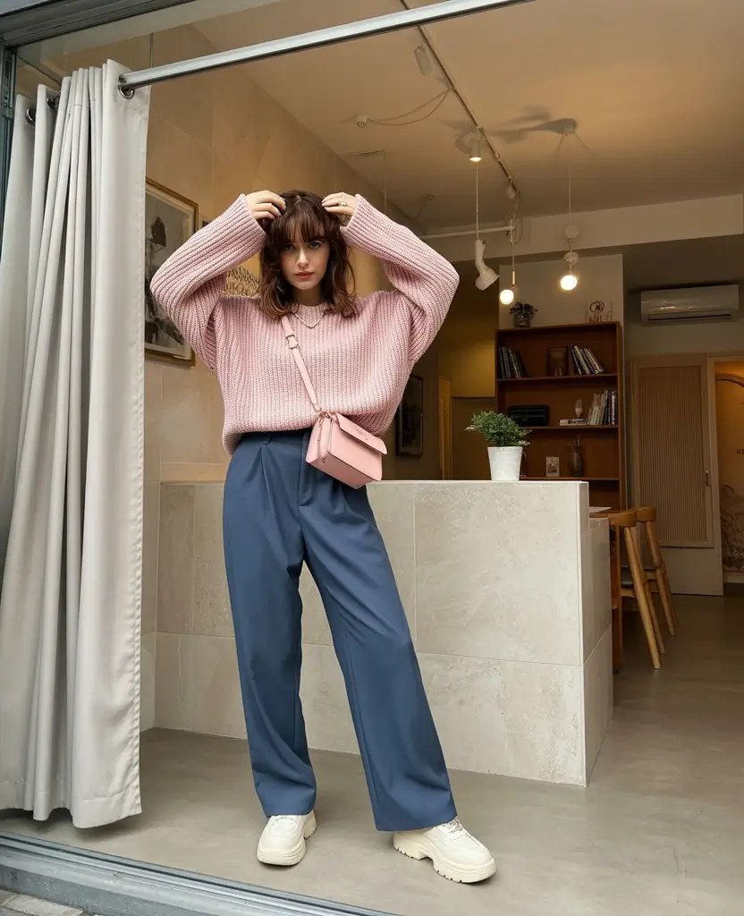 Spring Blush Chunky Knit With Cool Trousers 2026