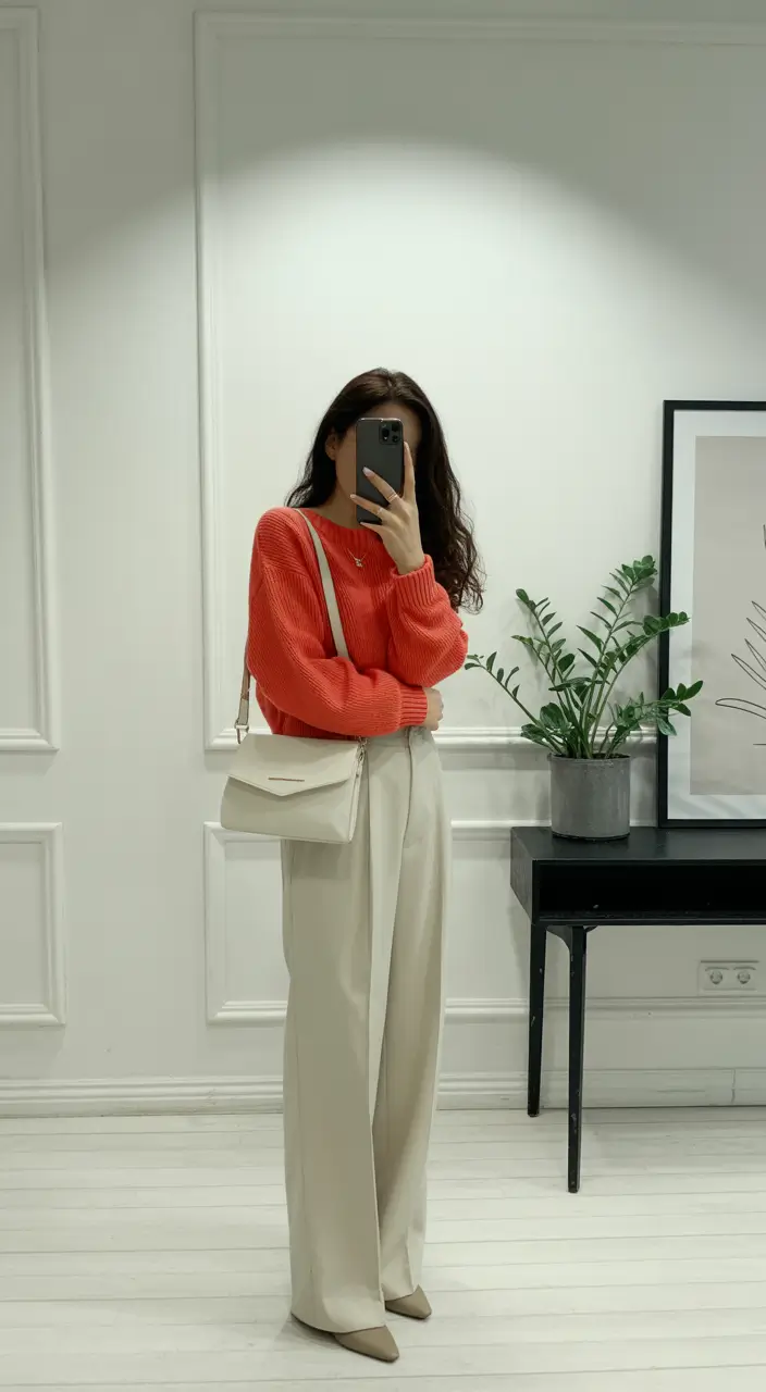Spring Coral Knit With Ivory Trousers 2026