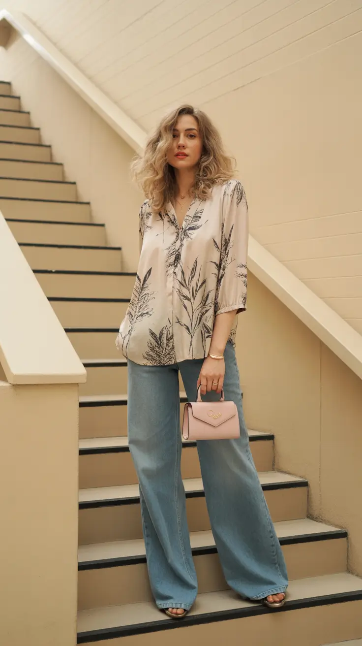 Spring Satin Botanical Blouse With Relaxed Denim 2026