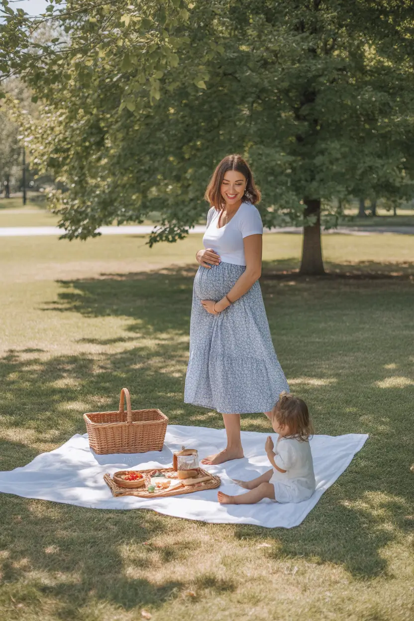 Maternity Soft Tee and Gentle Floral Midi for Sunny Park Days