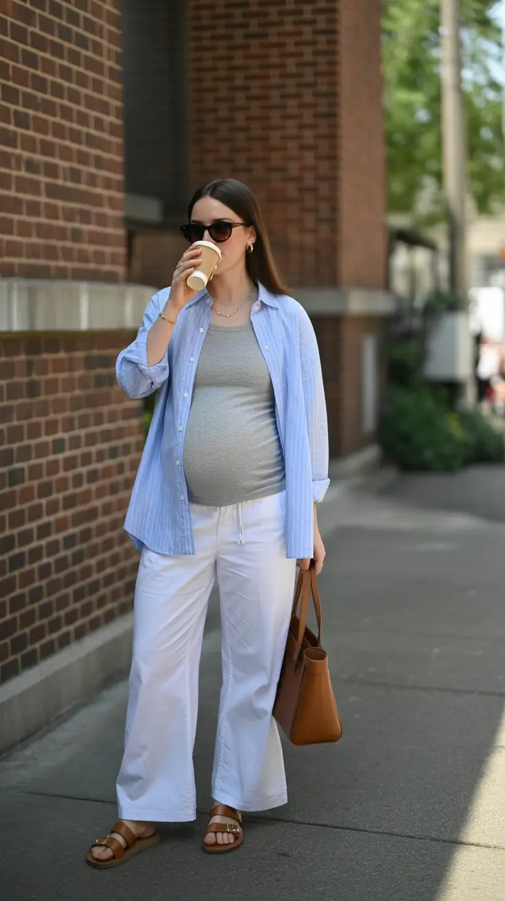 Maternity Striped Shirt and Easy White Trousers for City Errands