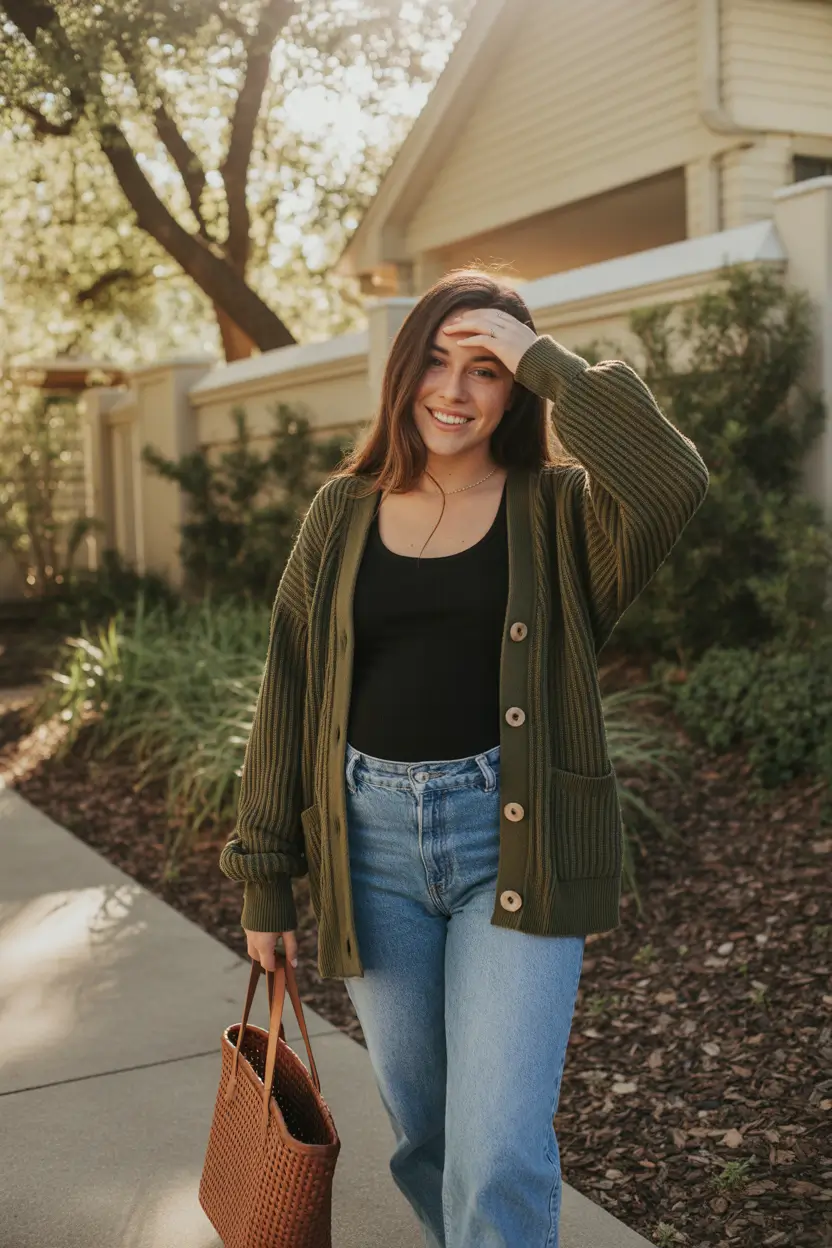 Maternity Chunky Knit Cardigan and Easy Denim for Golden Hour Walks