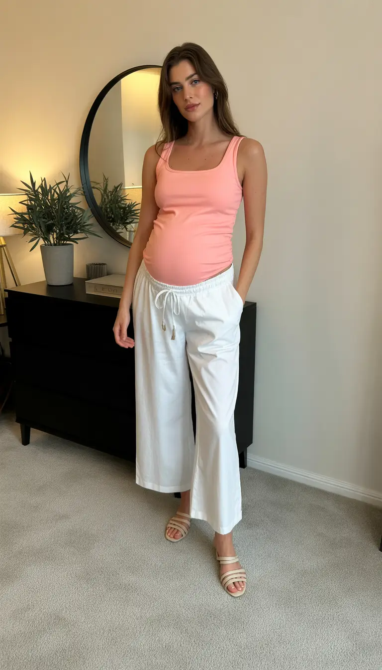 Maternity Pastel Tank and White Wide-Leg Pants