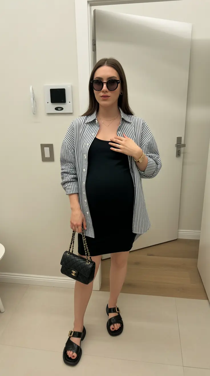 Maternity Striped Shirt and Minimal Black Dress
