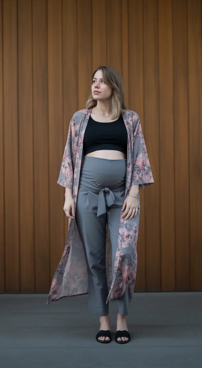 Maternity Floral Kimono Layering With Soft Tie-Waist Pants