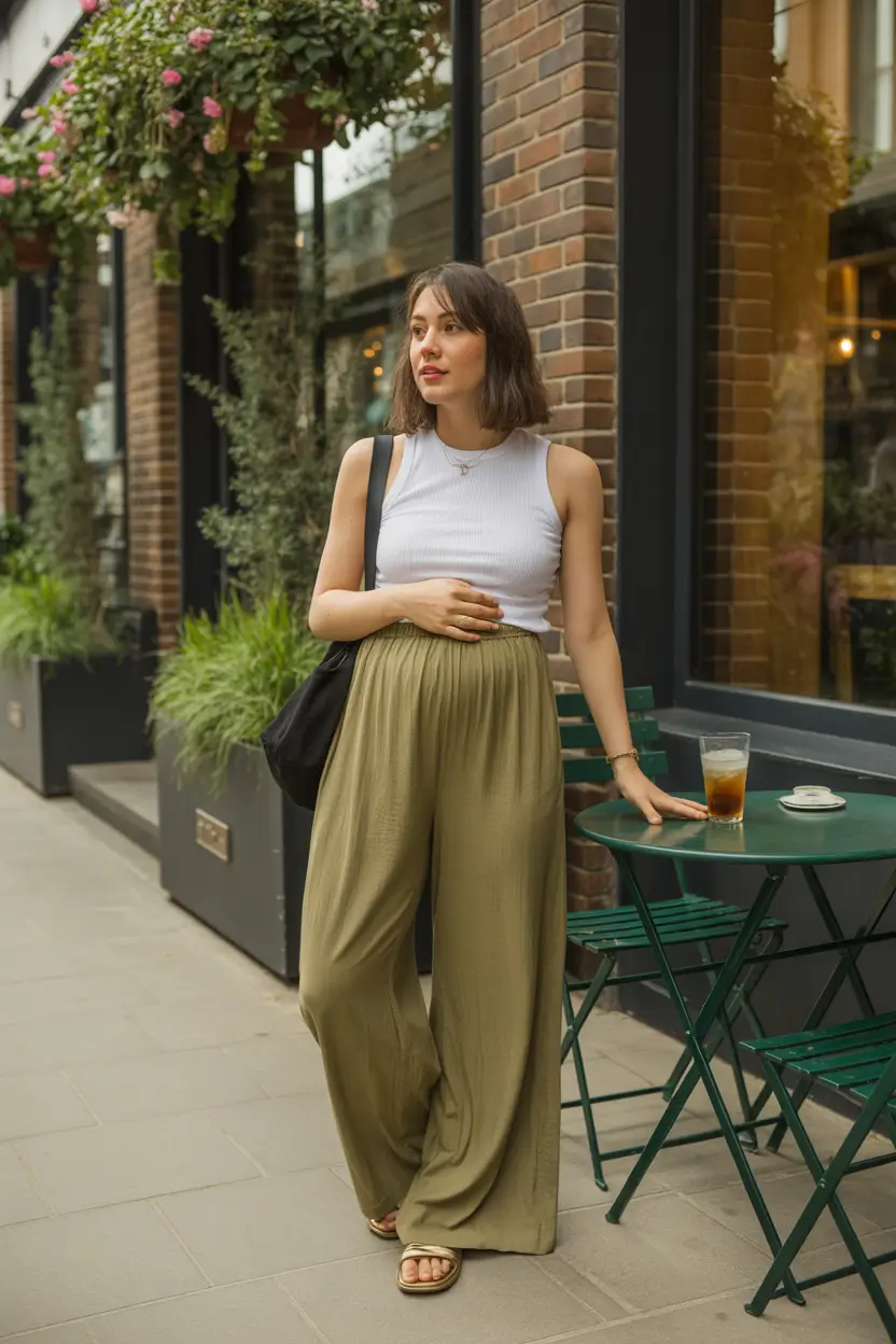 Maternity White Ribbed Tank and Olive Wide-Leg Pants
