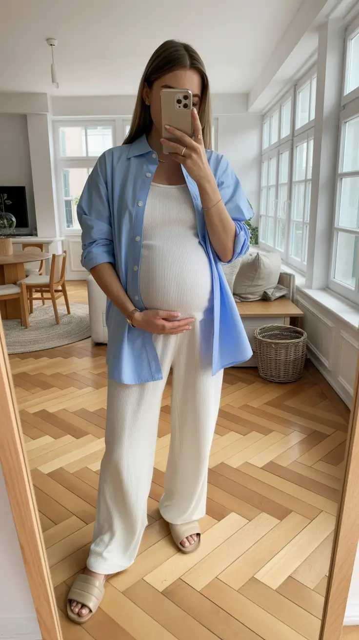 Maternity Blue Shirt and Cream Knit Set