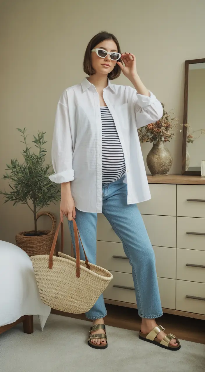 Maternity Striped Tee With Classic Denim and a Light Overshirt