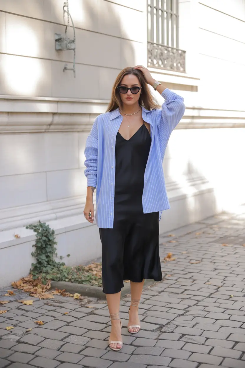 Fabulous Springwear Satin Black Dress With Relaxed Spring Layers