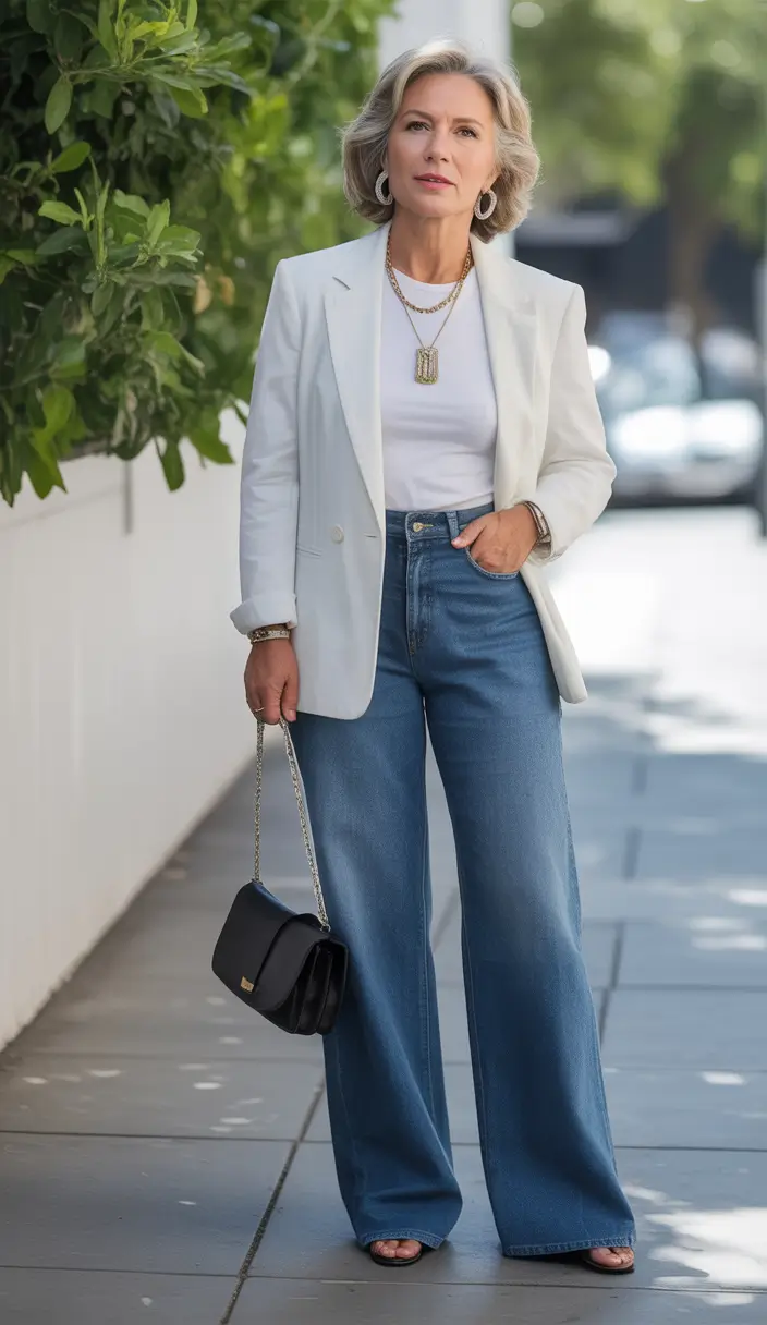 Glamorous Crisp White Blazer With Effortlessly Polished Denim