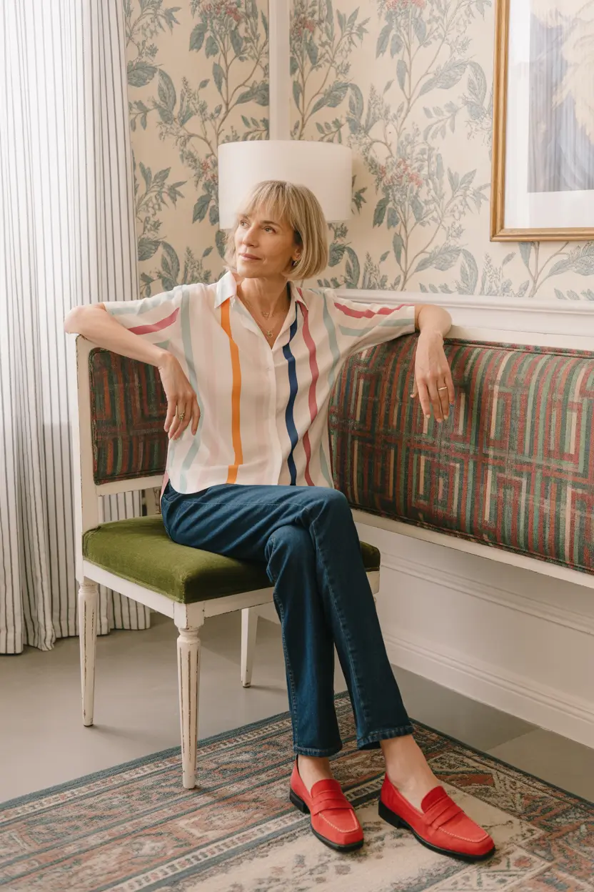 Glamorous Striped Ease With Polished Denim and Red Accents