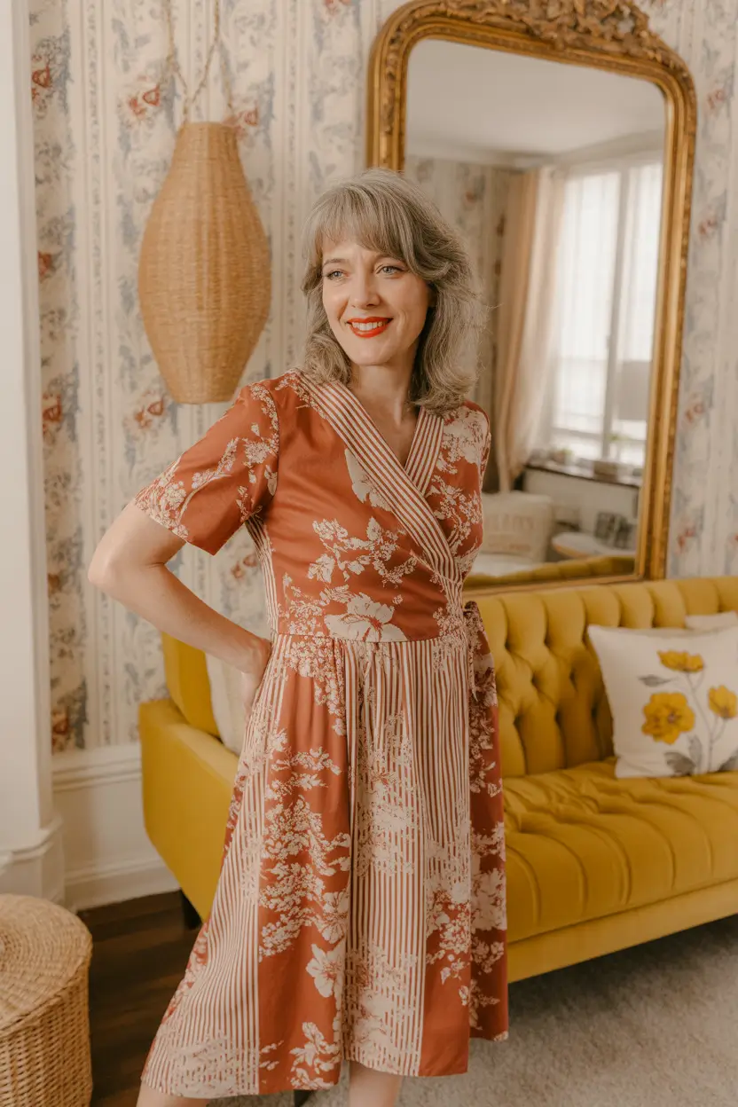 Glamorous Artfully Patterned Wrap Dress in Warm Terracotta