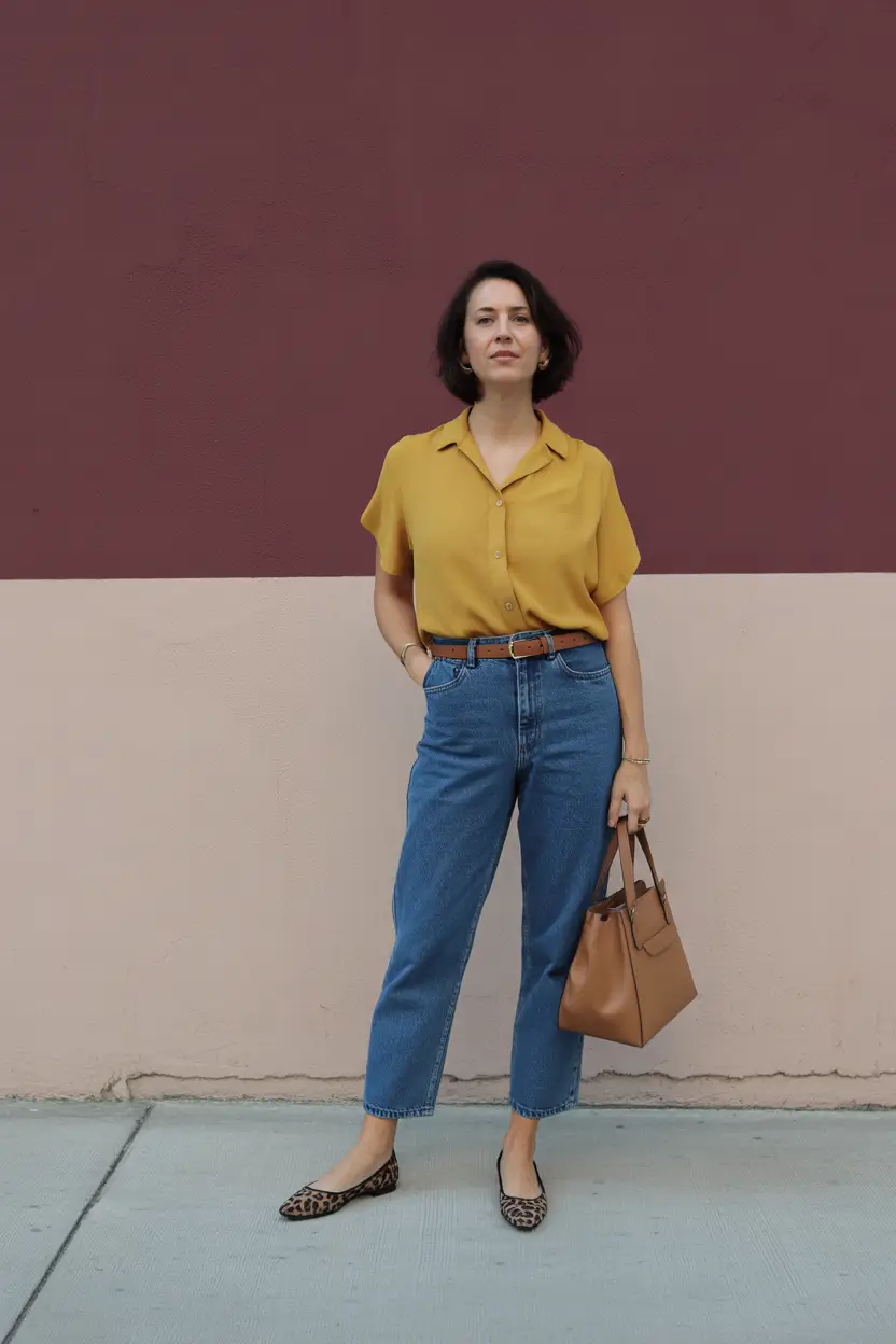 modern spring outfits for women over 40 2026 Warm Mustard Tones With Casual Denim Ease