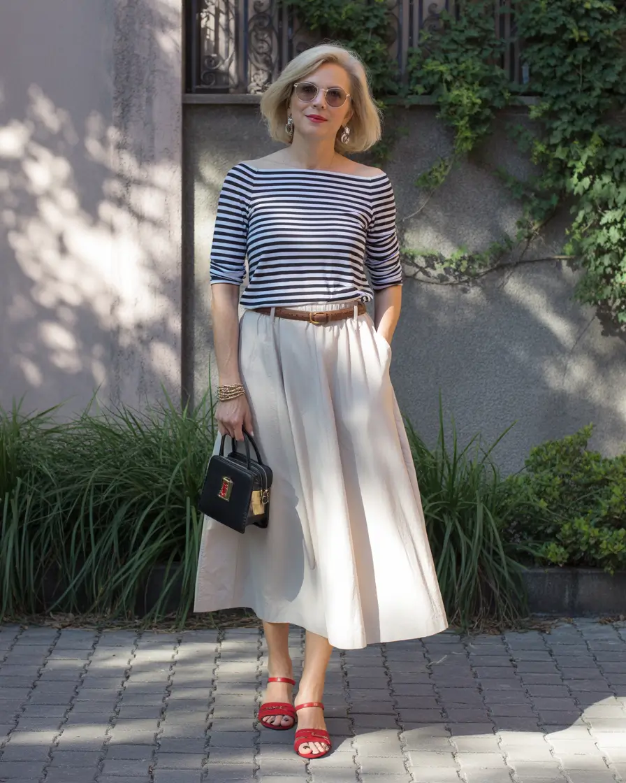 modern spring outfits for women over 40 2026 Nautical Stripes With a Feminine Color Pop