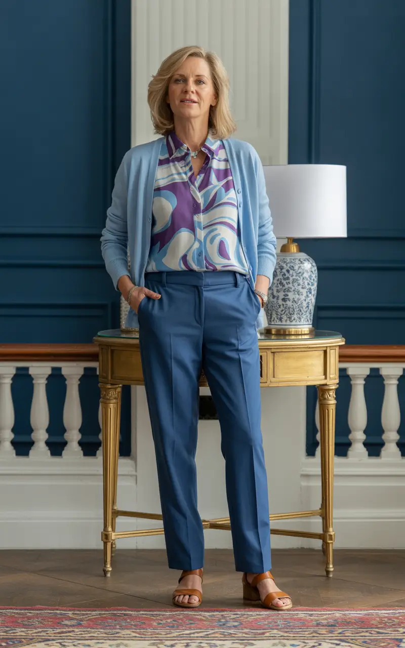 modern spring outfits for women over 40 2026 Polished Prints With Cozy Light Layering