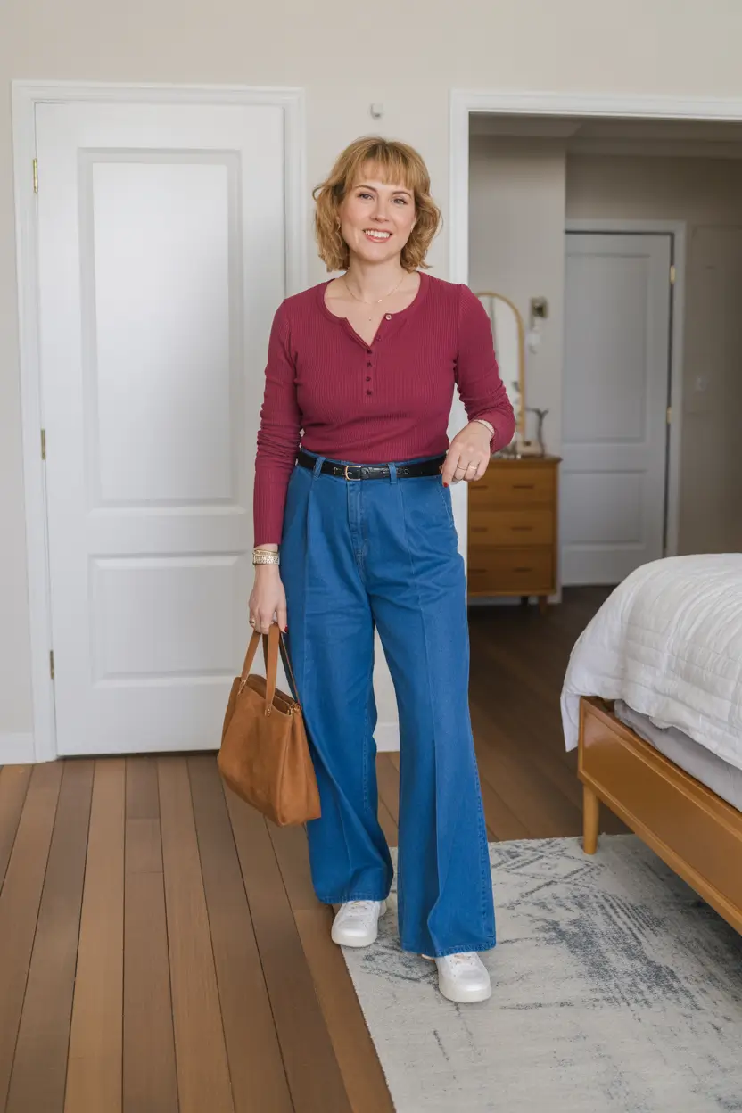 modern spring outfits for women over 40 2026 Relaxed Denim With a Touch of Feminine Warmth