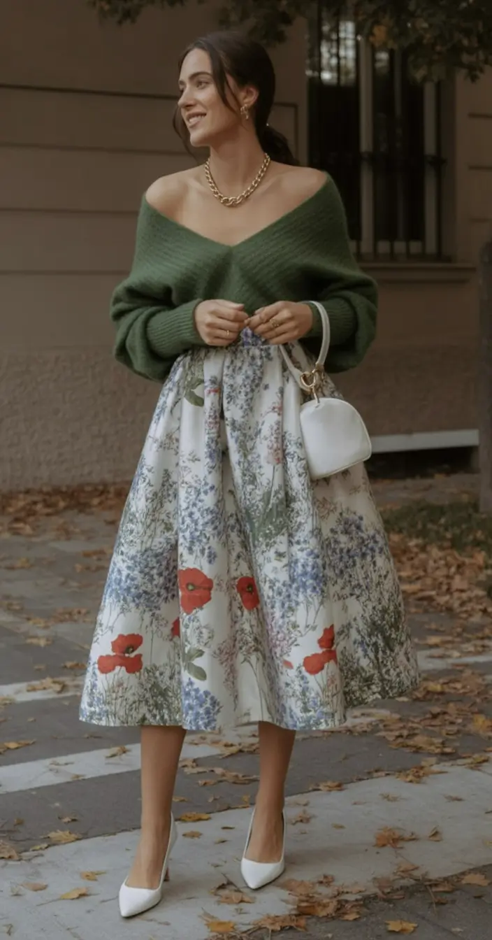 2026 Romantic Green Knit and Garden-Print Flair