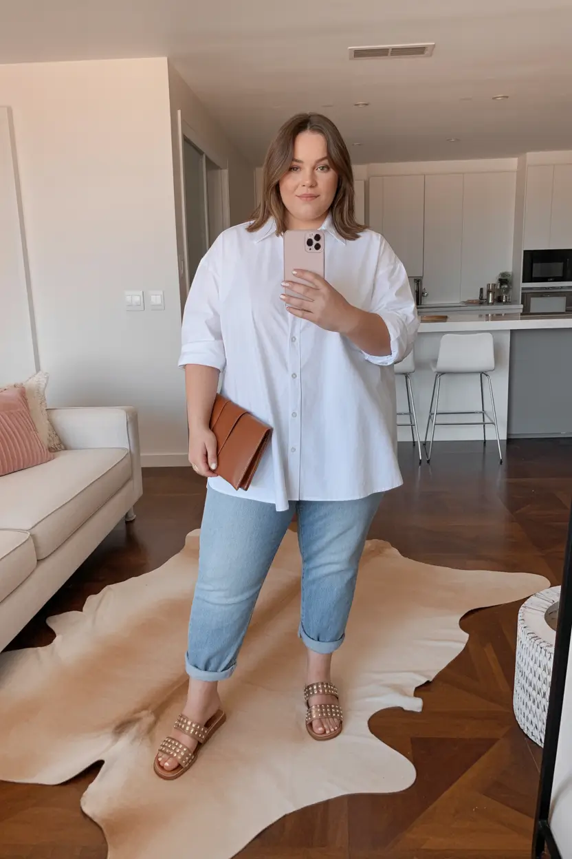 plussize spring 2026 fashion outfits Relaxed White Shirt & Rolled-Up Denim Ease
